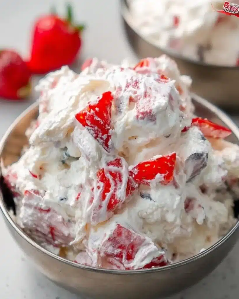 Bowl of Ultimate Cheesecake Salad with fresh fruits and creamy cheesecake topping