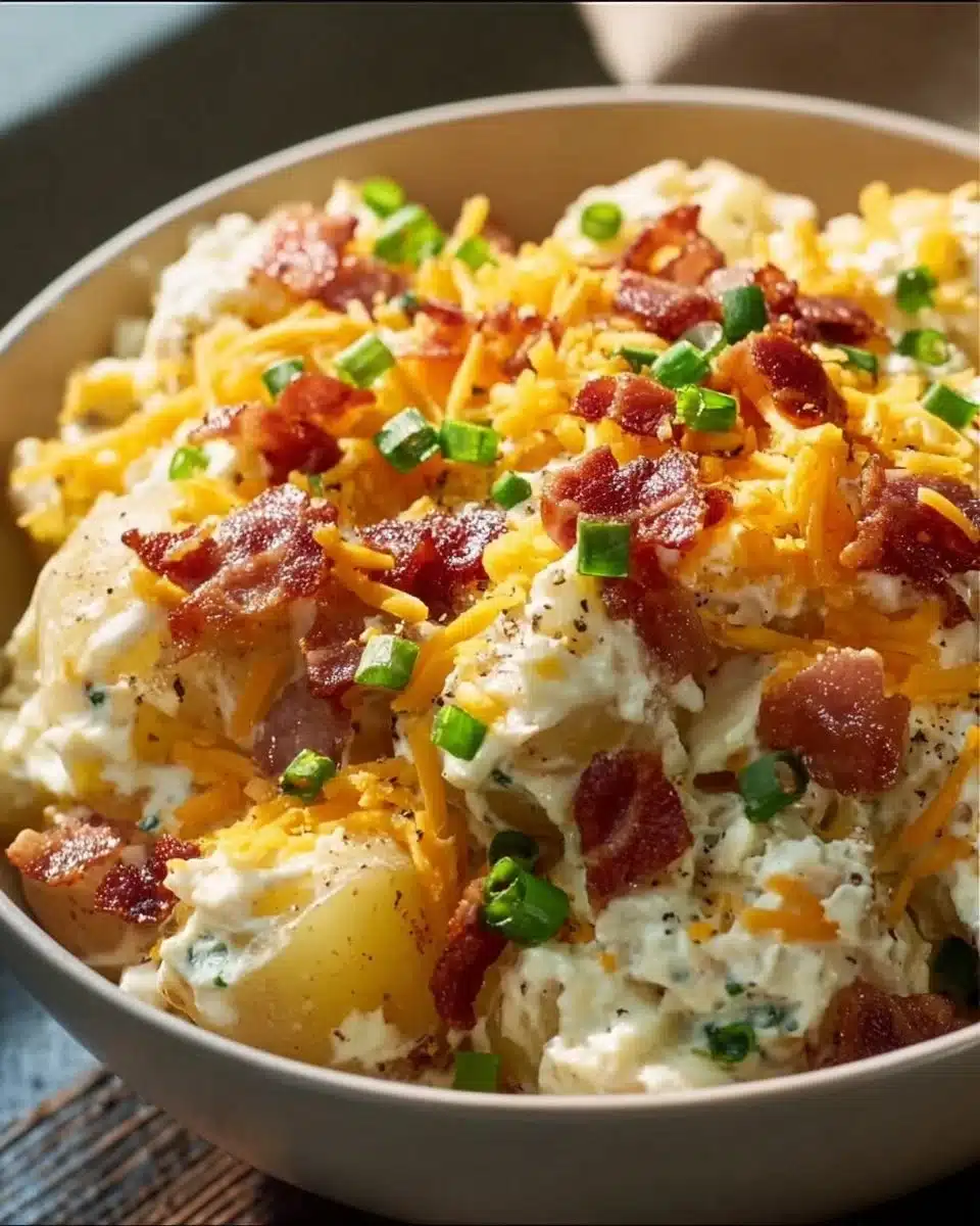 Ultimate loaded potato salad with bacon, cheese, and green onions in a bowl