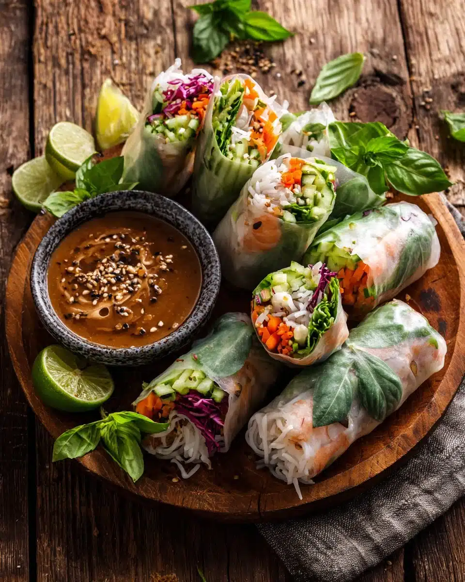 Delicious Vietnamese summer rolls filled with chicken and fresh vegetables