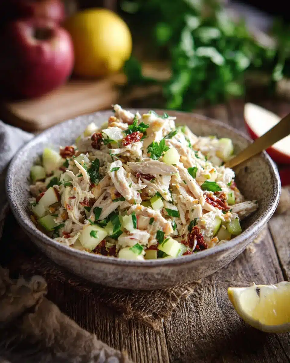 Bowl of Waldorf Chicken Salad with chicken, apples, grapes, and walnuts