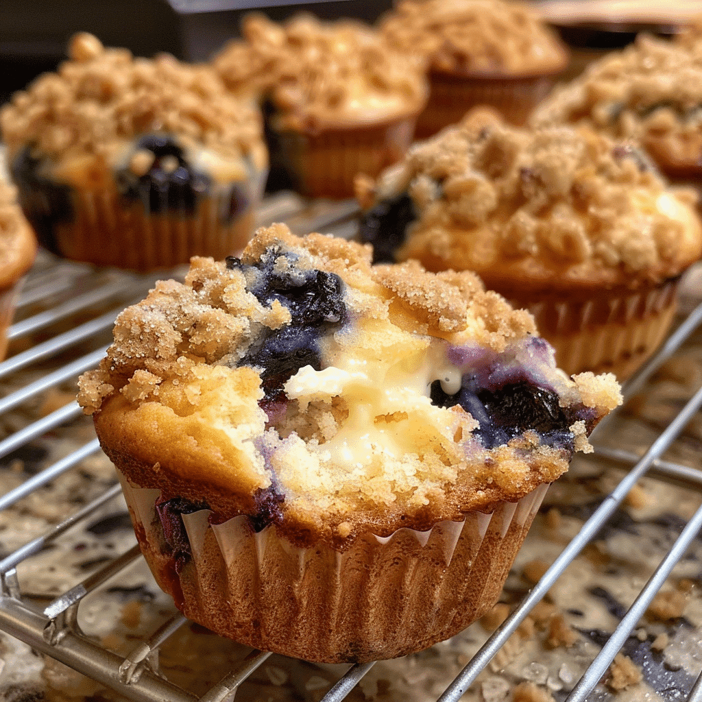 Cheesecake Stuffed Blueberry Crumble Muffins