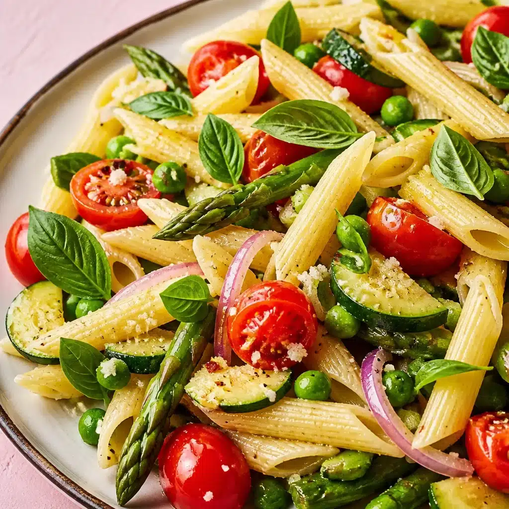 Colorful Pasta Primavera with fresh spring vegetables and a light creamy sauce.