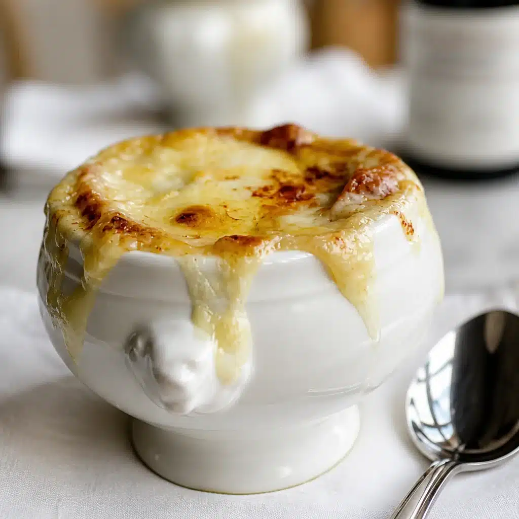 Bowl of French Onion Soup Gratinee topped with melted cheese and croutons.