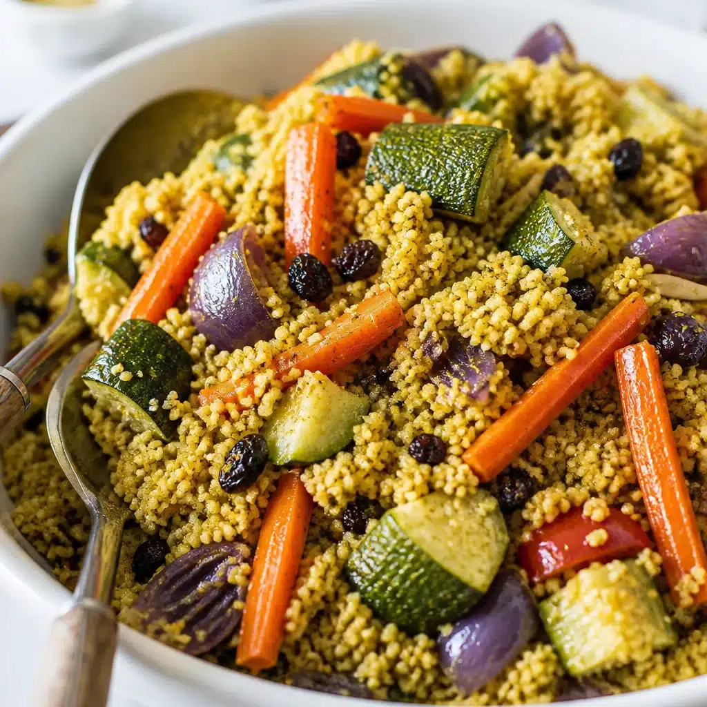 Couscous with Roasted Vegetables topped with fresh herbs and lemon dressing.