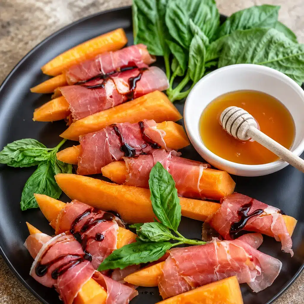 Prosciutto Wrapped Melon appetizer served on a plate with decorative food picks.