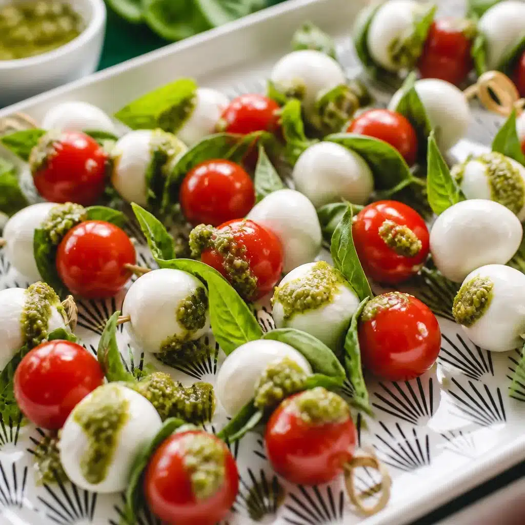 Delicious Caprese Skewers Pesto with cherry tomatoes and fresh mozzarella