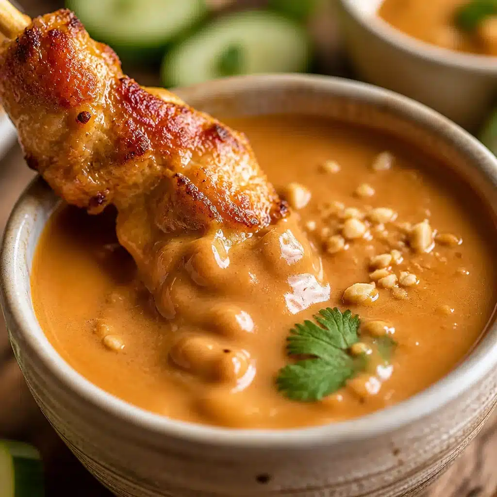 Delicious Chicken Satay skewers with creamy peanut sauce on a plate.