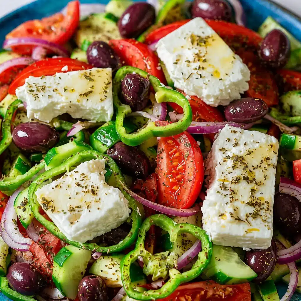 Authentic Horiatiki Traditional Greek Salad with fresh ingredients and feta cheese.
