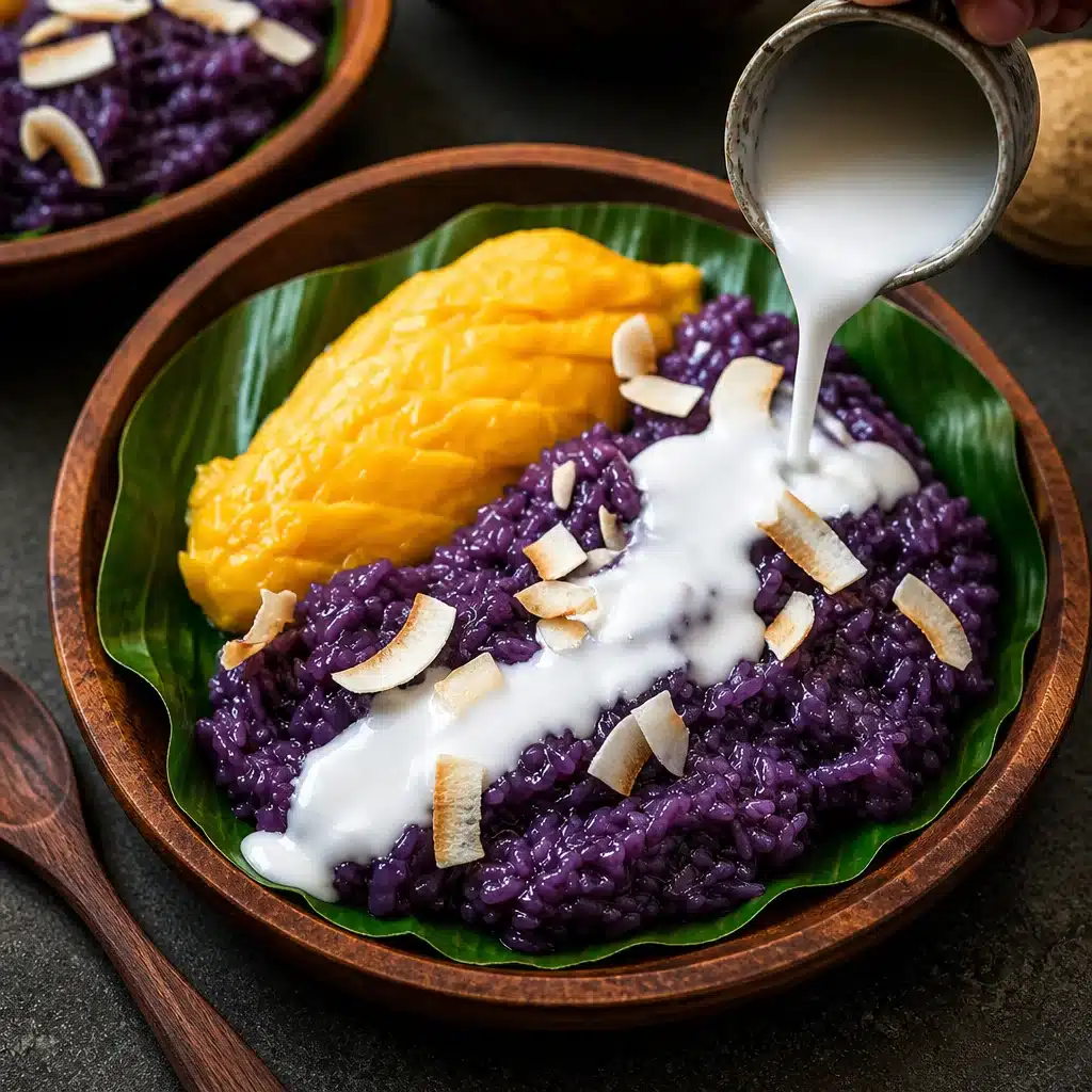 Delicious Mango Sticky Rice Thai dessert with coconut and ripe mango slices