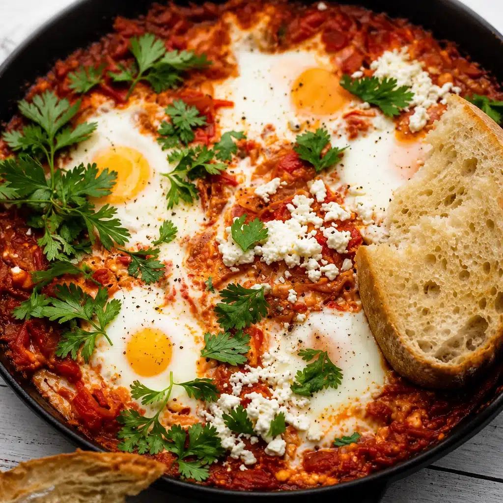 Delicious Shakshuka with Feta: eggs in spiced tomato sauce topped with creamy feta.