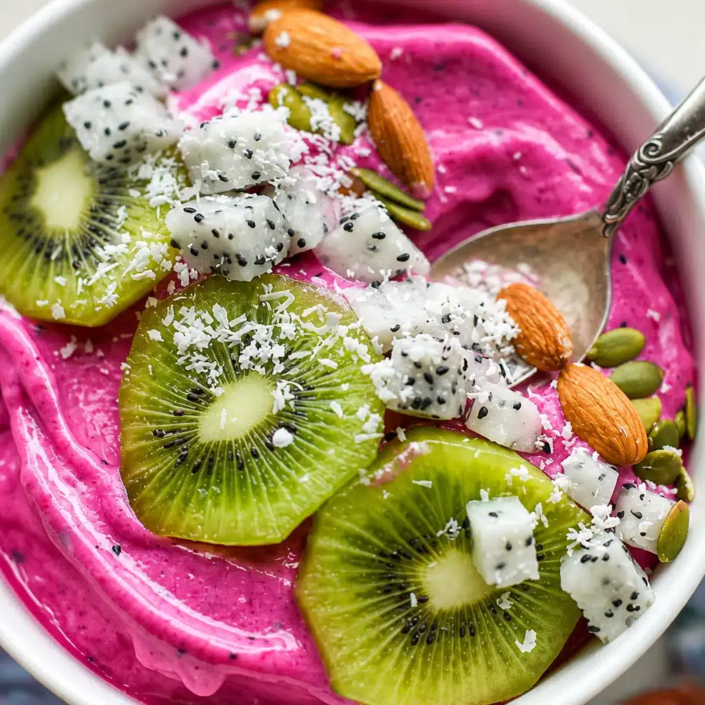 Colorful Smoothie Bowl Dragon Fruit topped with granola, berries, and coconut.