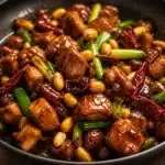 Delicious Kung Pao Chicken with chicken, peanuts, and vegetables in a spicy sauce.
