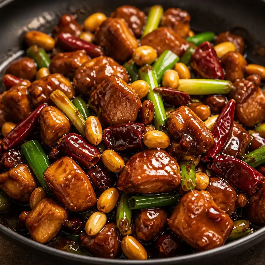 Delicious Kung Pao Chicken with chicken, peanuts, and vegetables in a spicy sauce.