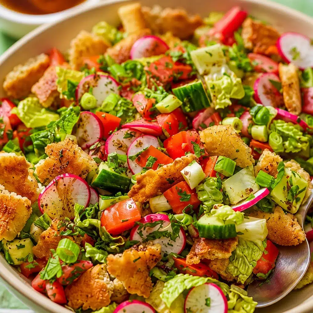 Delicious Fattoush Salad with fresh vegetables, crispy pita bread, and tangy sumac dressing.