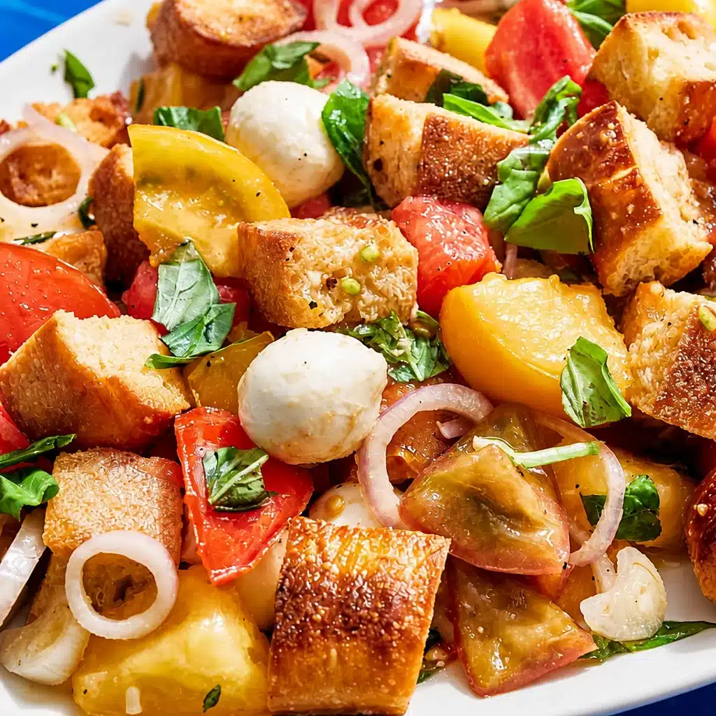 Delicious Panzanella Italian bread salad with ripe tomatoes, basil, and olive oil.