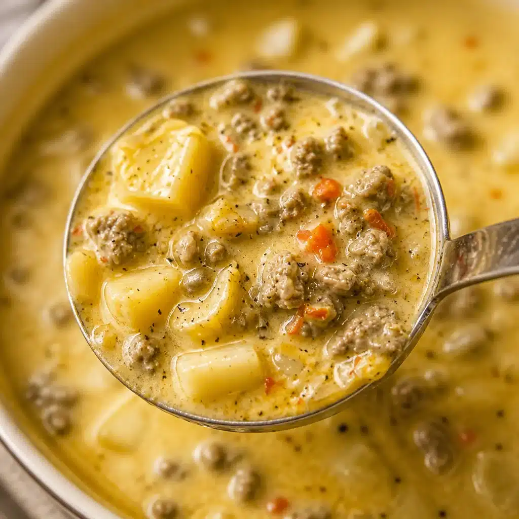 Delicious Cheeseburger Soup loaded with ground beef, cheese, and vegetables.