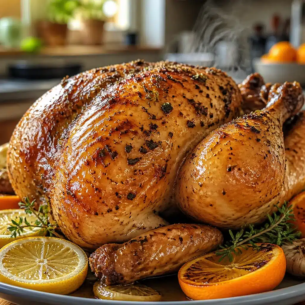 Whole Roasted Chicken with crispy skin and flavorful herbs, golden and juicy.