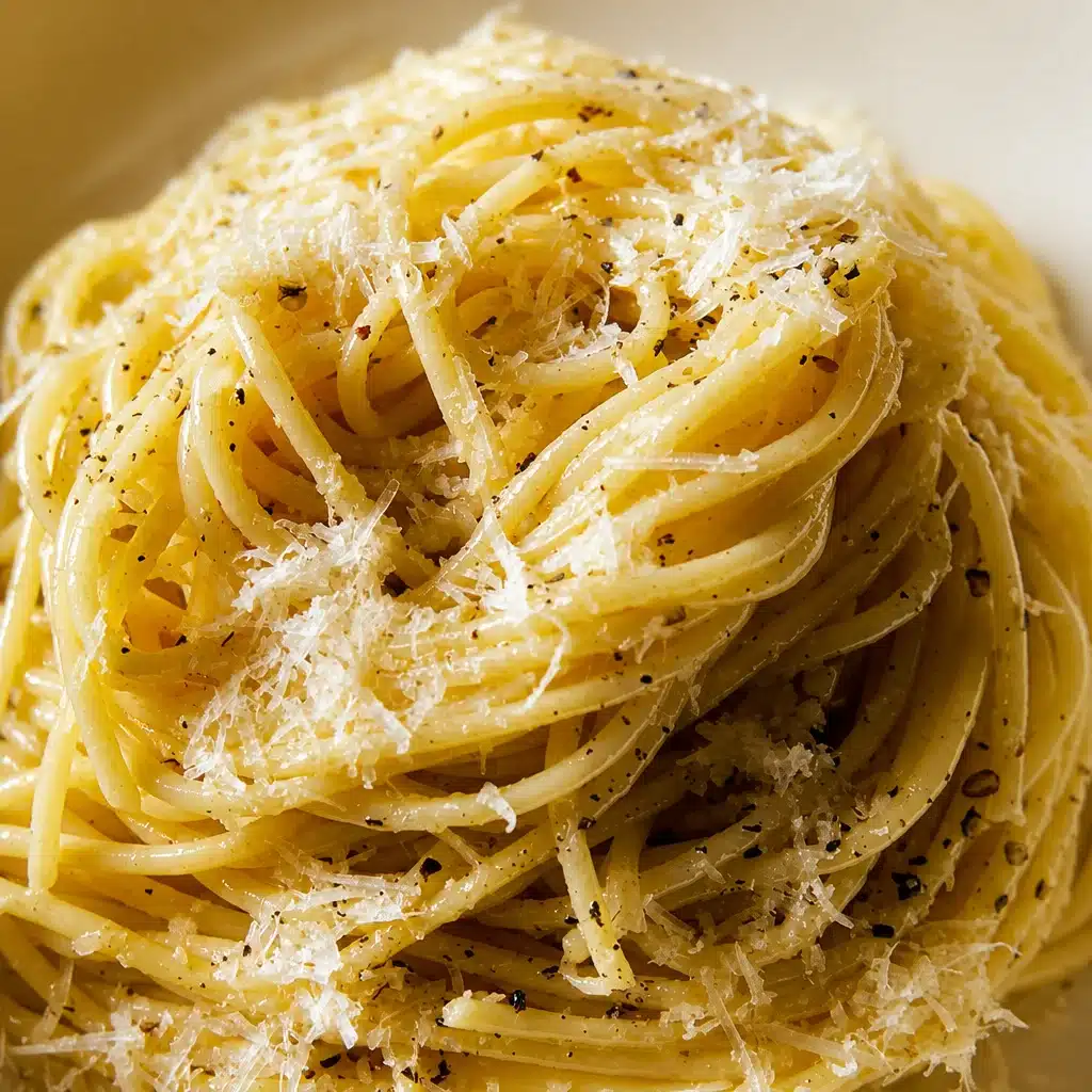 Creamy Cacio e Pepe pasta topped with freshly cracked black pepper and Pecorino Romano cheese.