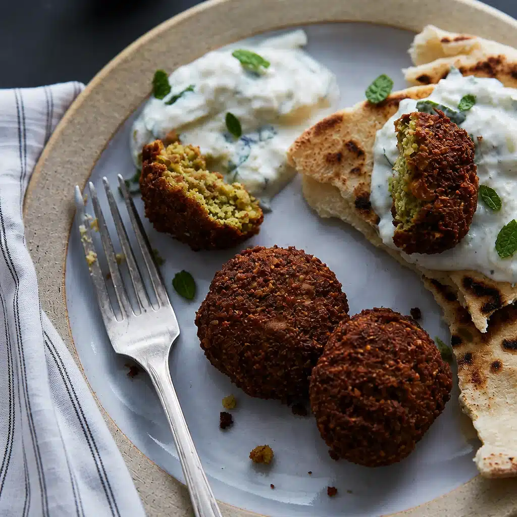 Crispy falafel served with refreshing tzatziki sauce and fresh vegetables