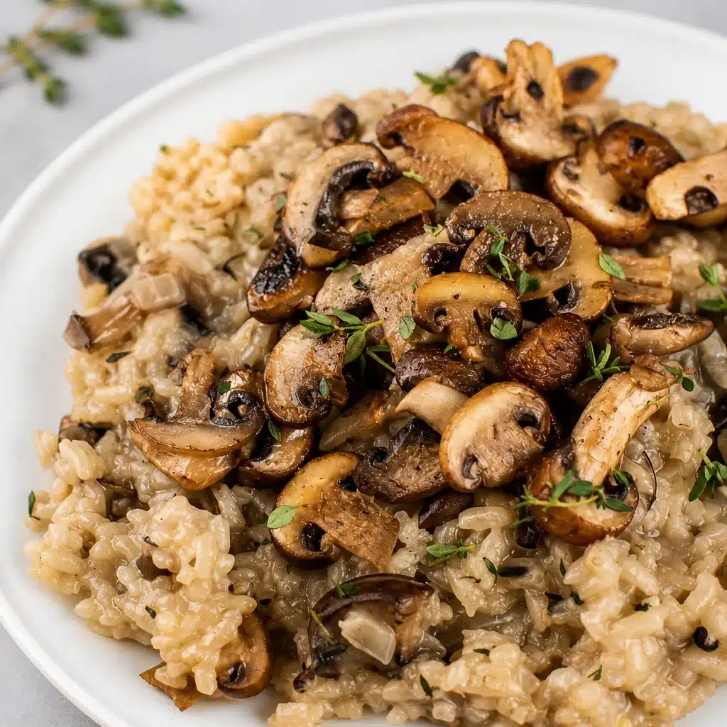 Creamy Mushroom Risotto Parmesan topped with fresh herbs and cheese in a bowl.