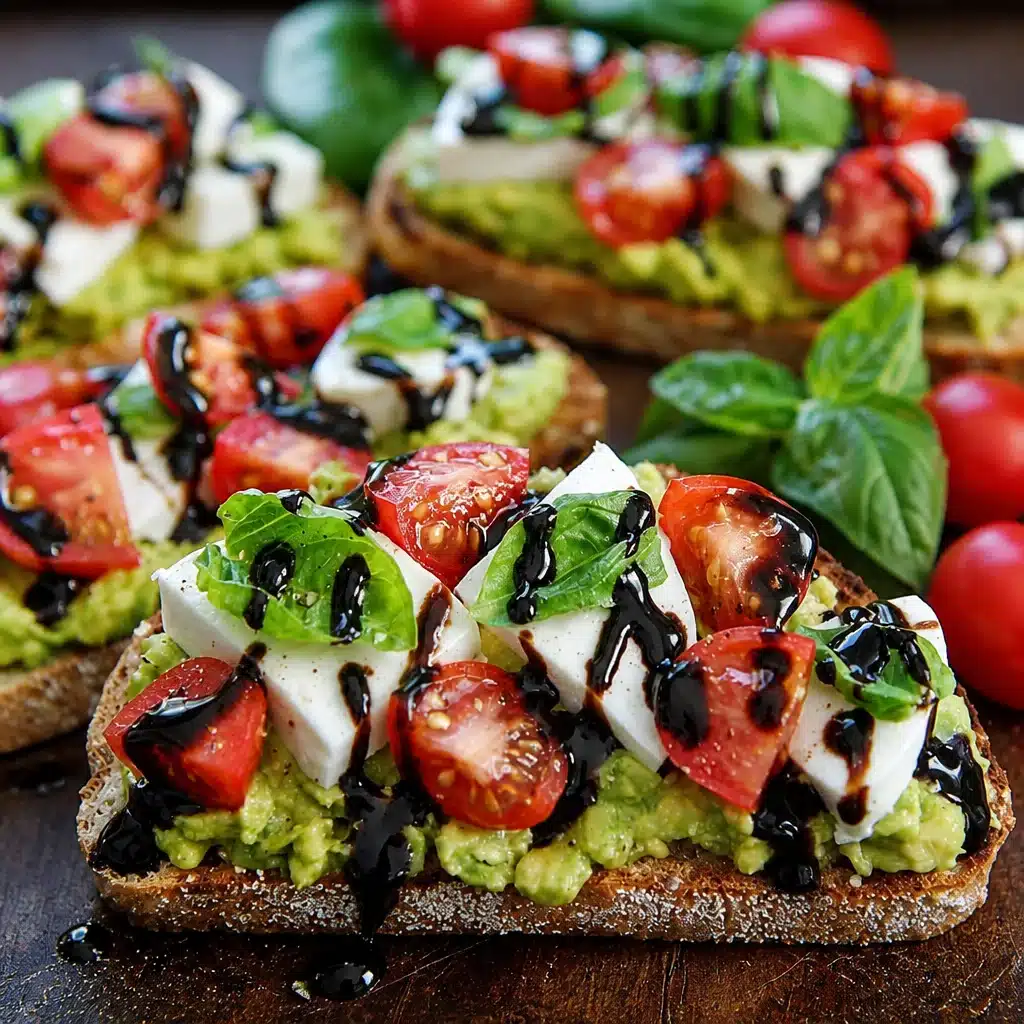 Delicious Caprese Avocado Toast topped with fresh mozzarella, tomatoes, and basil.