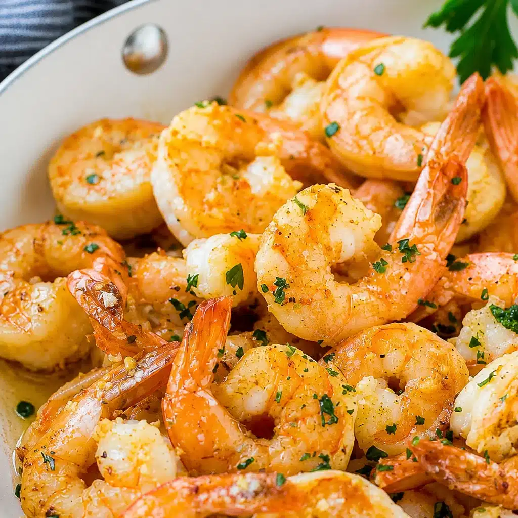 Plate of Garlic Butter Shrimp Stir Fry with vegetables on a wooden table.