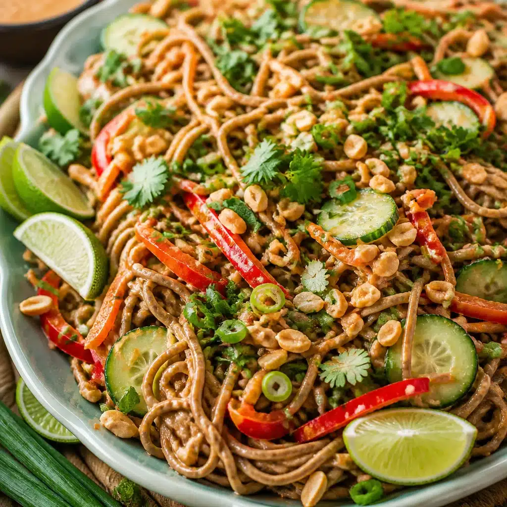 Colorful Asian noodle salad with veggies and creamy peanut dressing