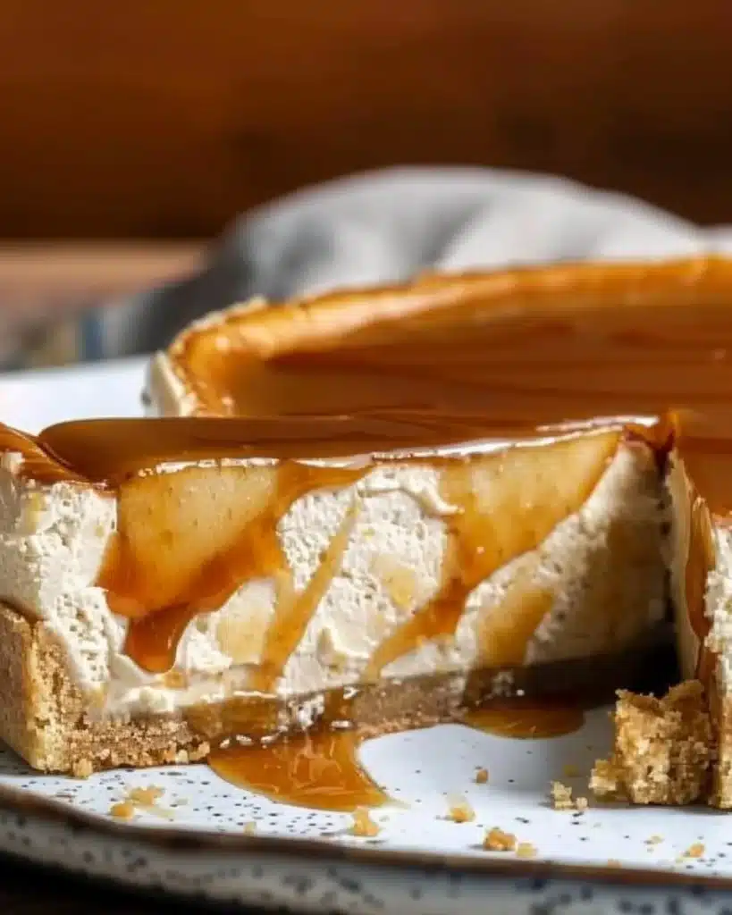 Slice of apple cider cheesecake topped with whipped cream and cinnamon