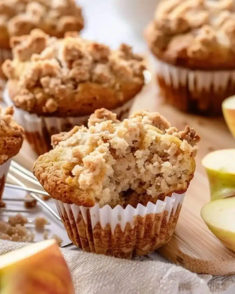 Freshly baked apple crumble muffins topped with crisp crumble topping