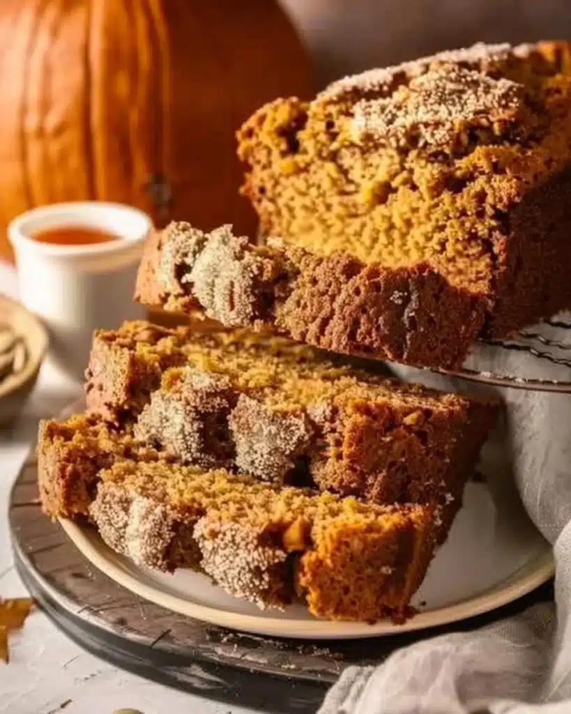 Deliciously moist pumpkin bread loaf, perfect for fall baking.
