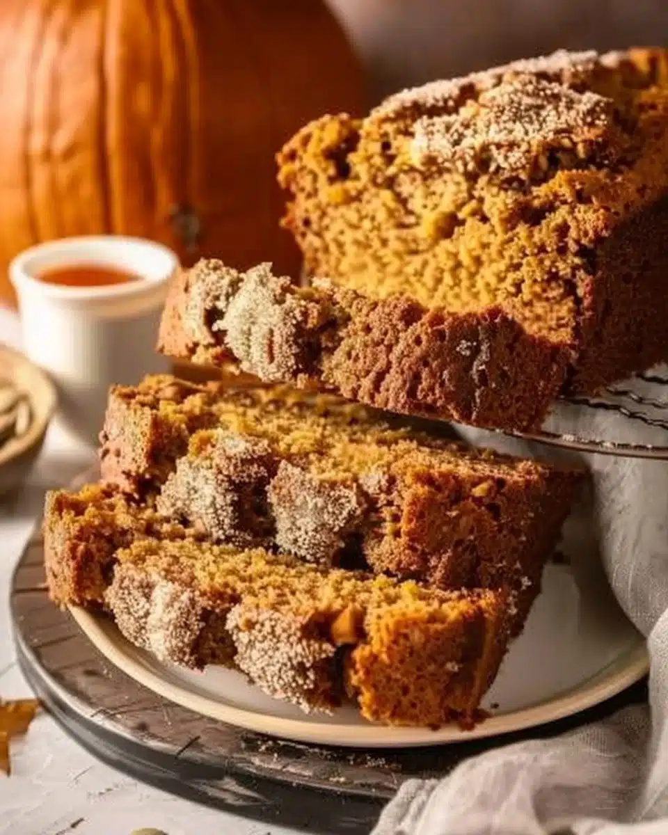 Deliciously moist pumpkin bread loaf, perfect for fall baking.