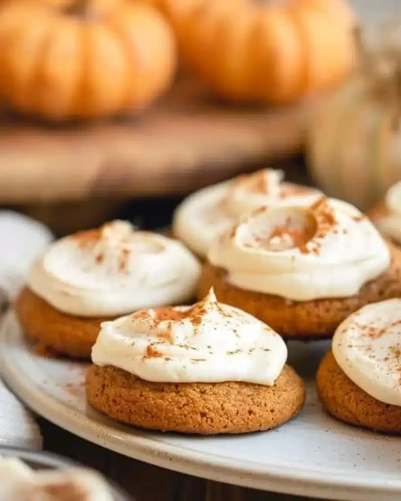 Delicious pumpkin cookies topped with creamy frosting, perfect for fall treats.