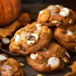 Freshly baked Pumpkin S'mores Cookies with chocolate and marshmallows