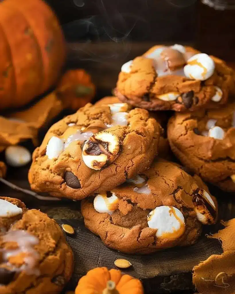Freshly baked Pumpkin S'mores Cookies with chocolate and marshmallows