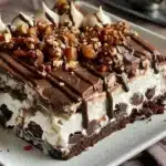 Delicious Buster Bar Ice Cream Cake with layers of chocolate and vanilla.