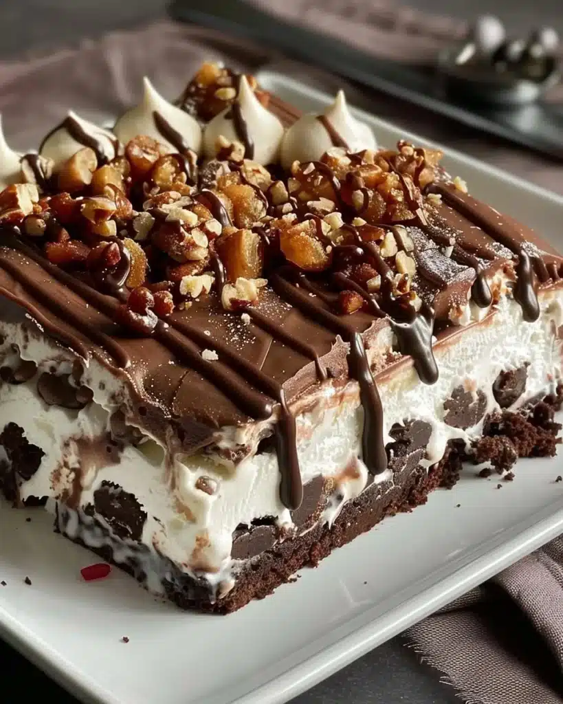 Delicious Buster Bar Ice Cream Cake with layers of chocolate and vanilla.