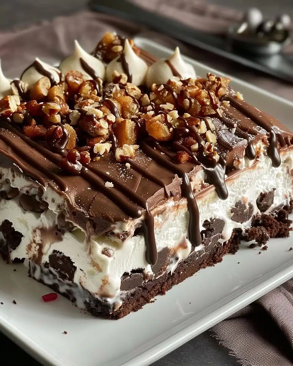 Delicious Buster Bar Ice Cream Cake with layers of chocolate and vanilla.