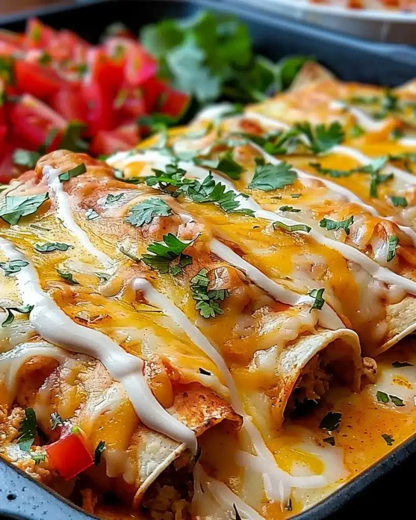 Delicious Cheese Chicken Enchiladas served on a plate with toppings