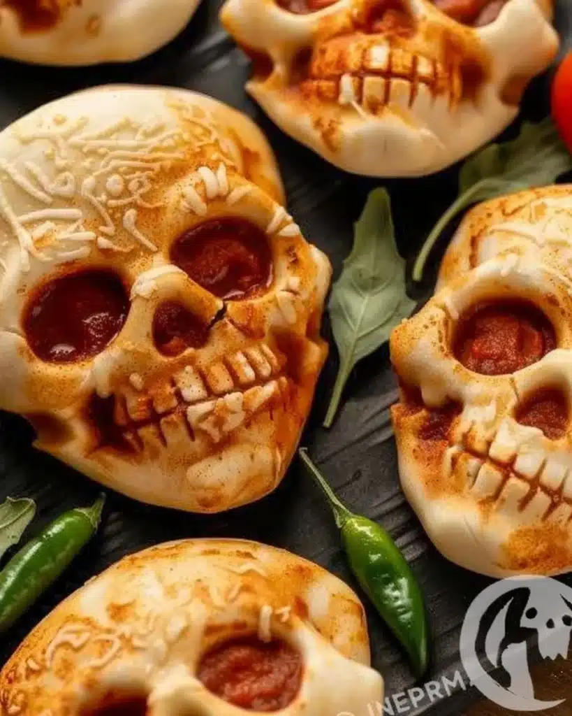 Cheesy Halloween pizza skulls on a spooky themed table