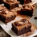 Delicious coffee brownies with mocha frosting on a white plate.