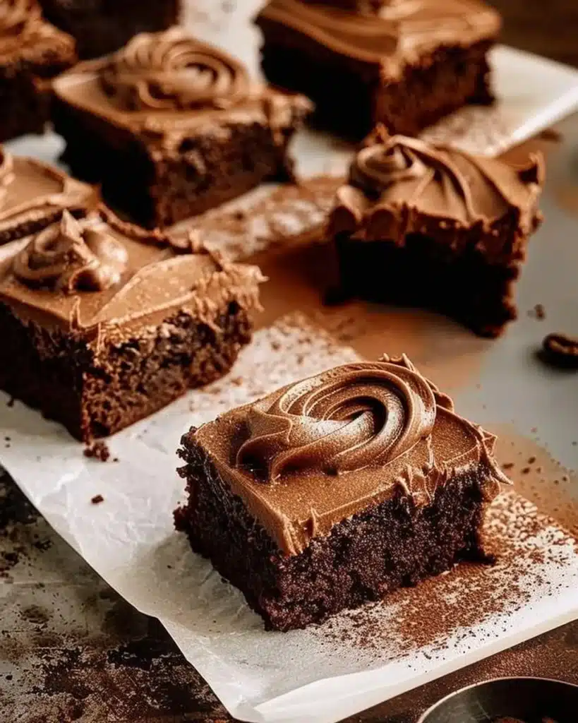 Delicious coffee brownies with mocha frosting on a white plate.