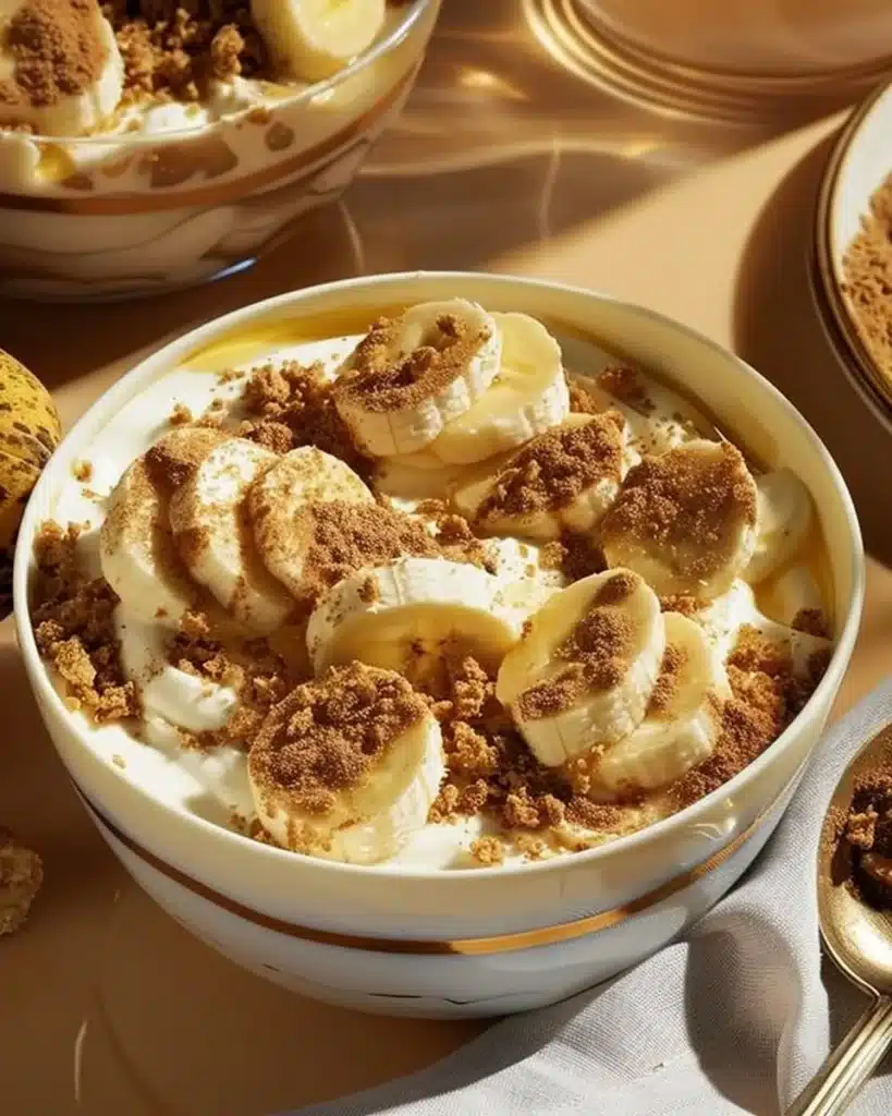 Creamy Biscoff banana pudding topped with cookie crumbles in a dessert bowl