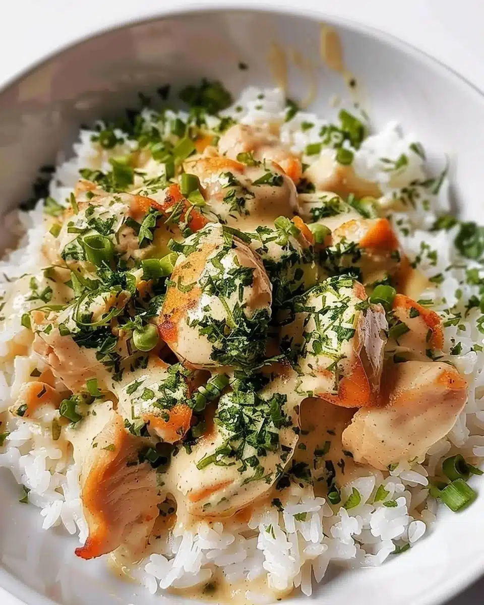 Creamy garlic chicken rice bowls topped with fresh herbs and served in a bowl.
