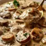 Creamy German Hunter's Sauce served over meat with mushrooms and herbs