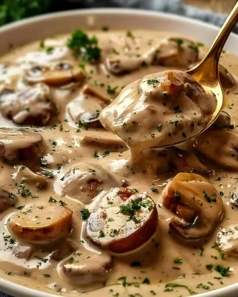 Creamy German Hunter's Sauce served over meat with mushrooms and herbs