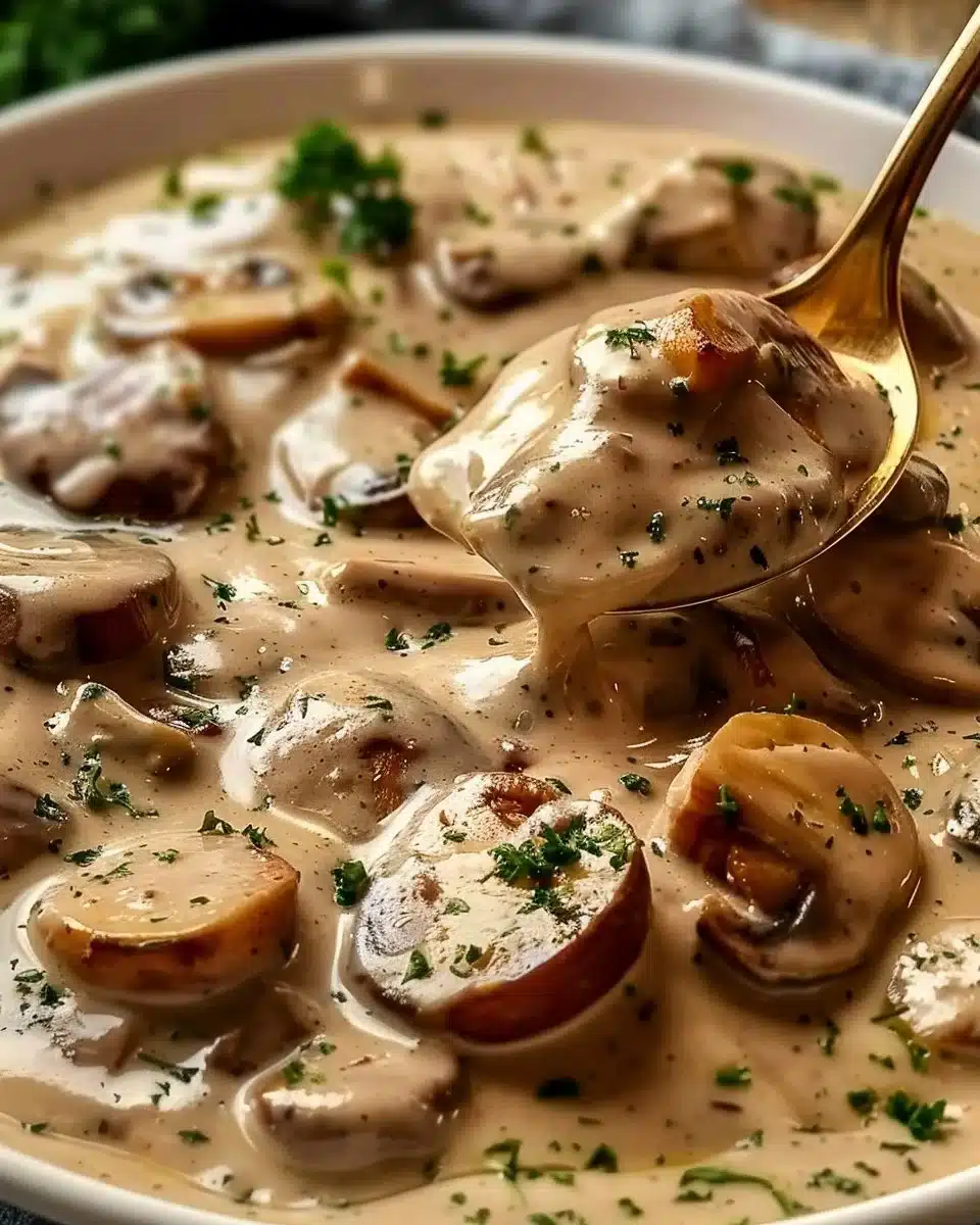 Creamy German Hunter's Sauce served over meat with mushrooms and herbs
