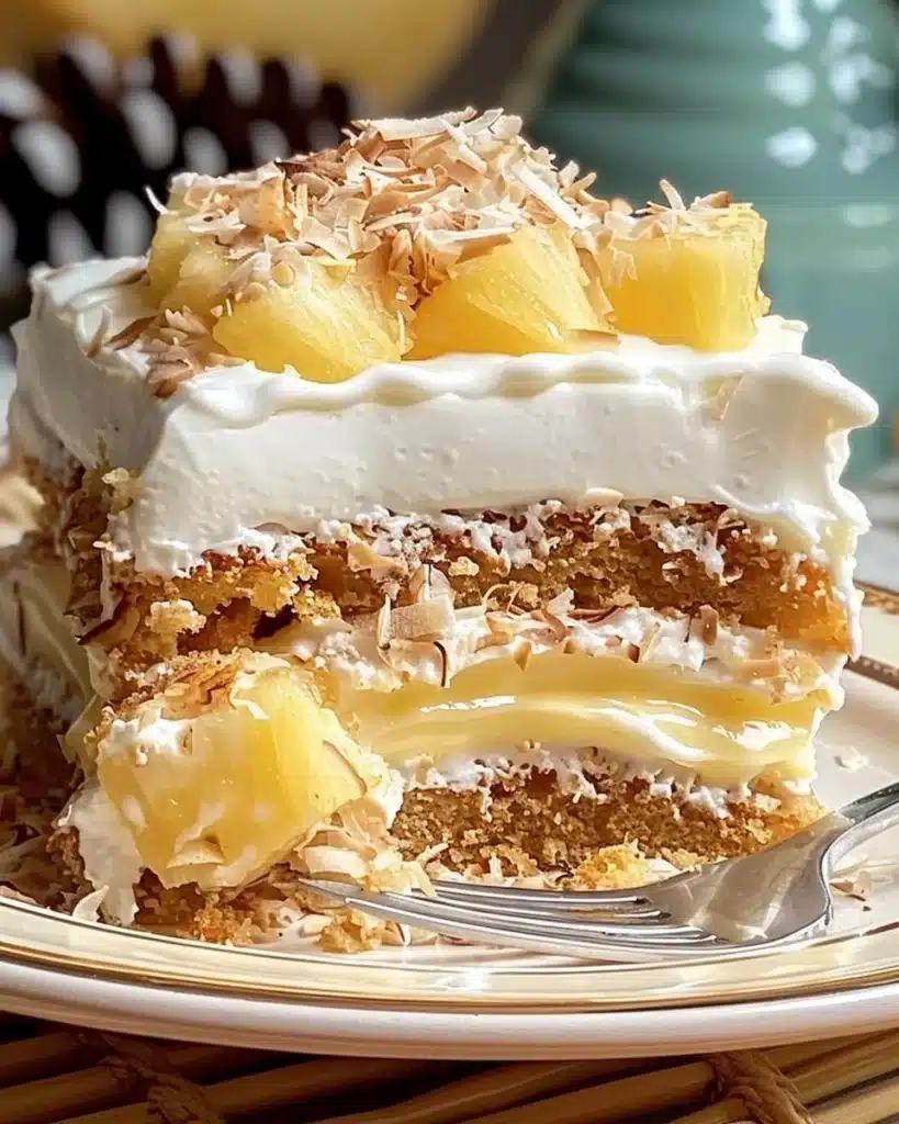 Creamy Texas Tornado Cake with crushed pineapple and coconut topping