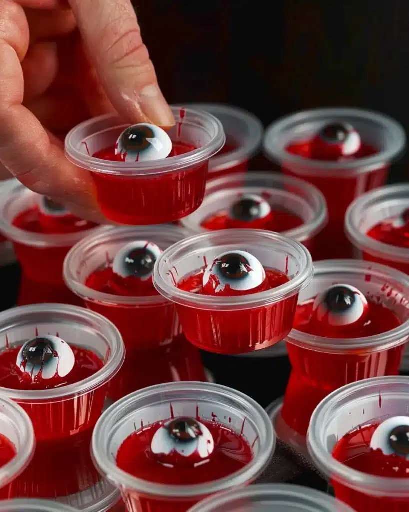 Creepy eyeball jello shots served in a spooky Halloween setting.