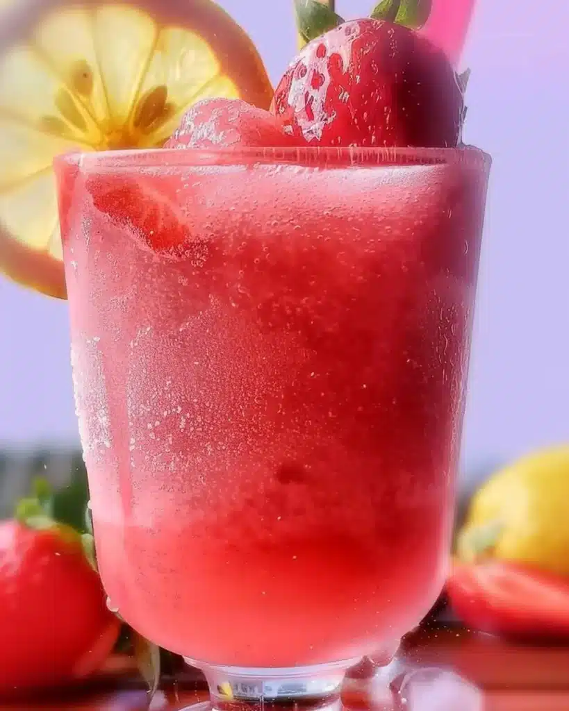 A refreshing glass of Frozen Strawberry Lemonade topped with fresh strawberries