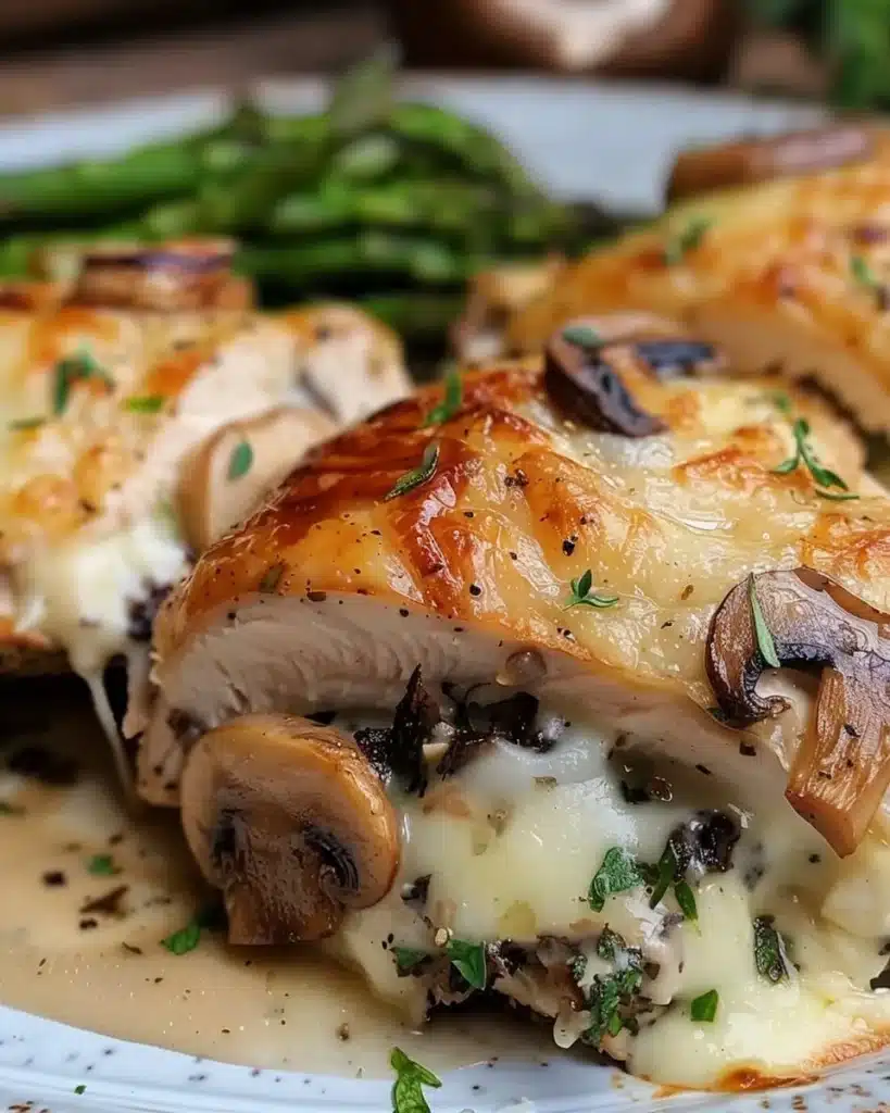 Gouda and mushroom stuffed chicken breast on a plate garnished with herbs.